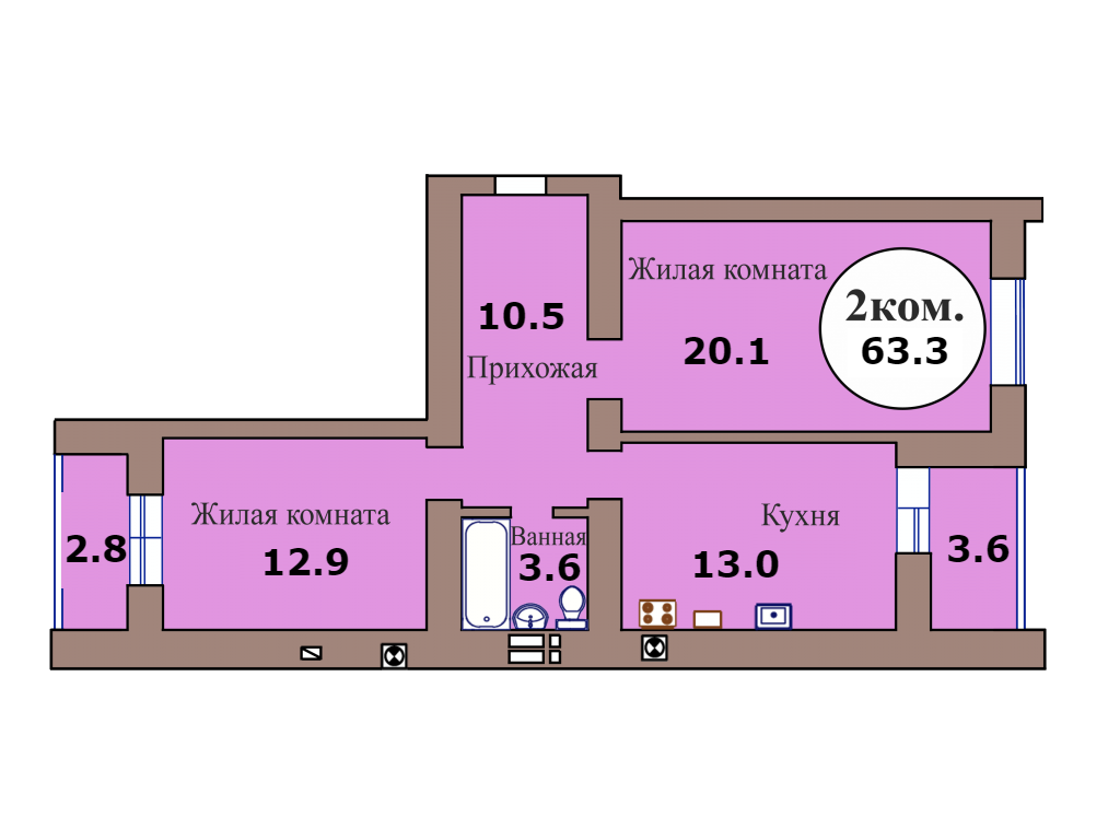 2-комн. кв. по пер. Калининградский, 5 кв. 155 в Калининграде