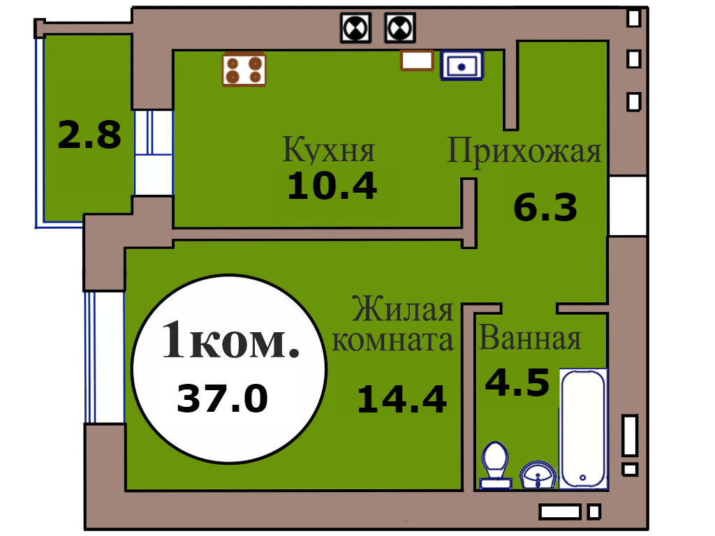 1-комн. кв. по пер. Калининградский, 5 кв. 189 в Калининграде