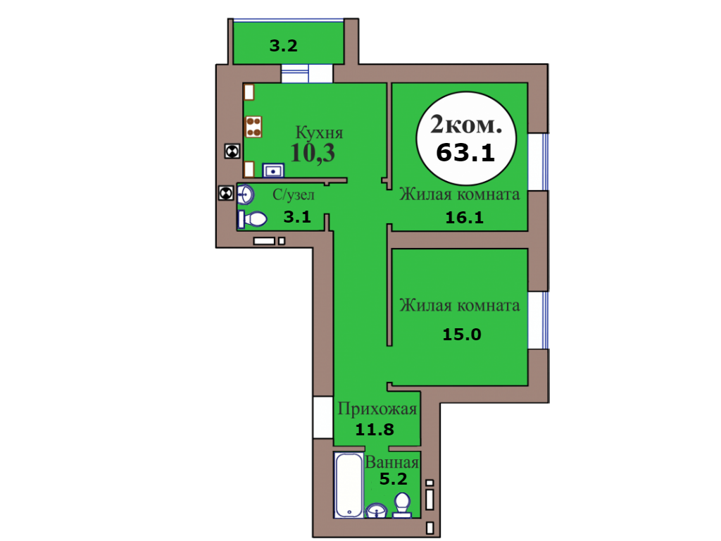 2-комн. кв. по пер. Калининградский, 5 кв. 222 в Калининграде