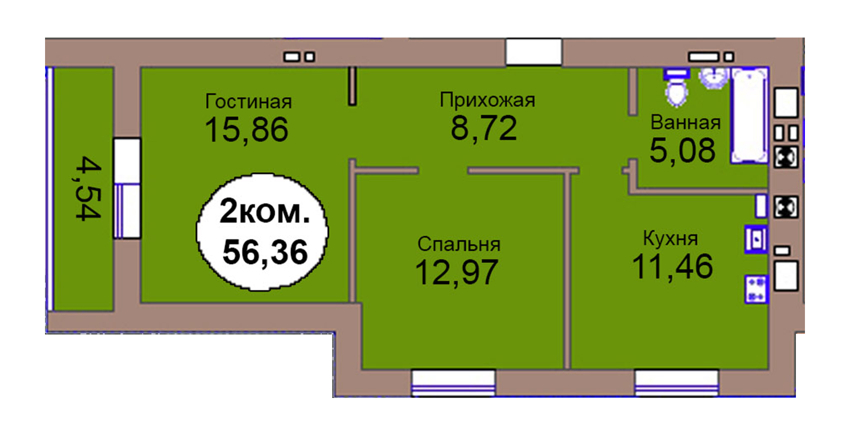 2-комн. кв. по пер. Калининградский, 4  кв. 104 в Калининграде