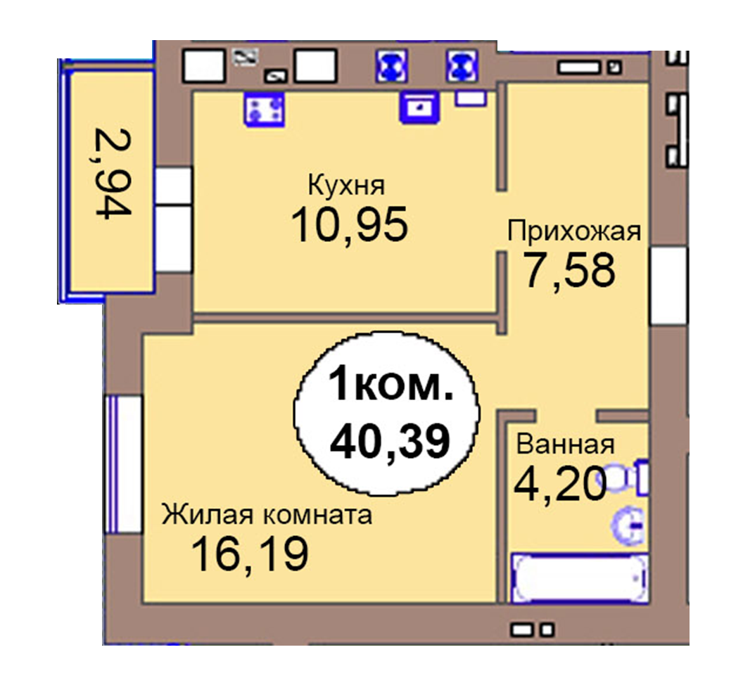 1-комн. кв. по пер. Калининградский, 4  кв. 105 в Калининграде