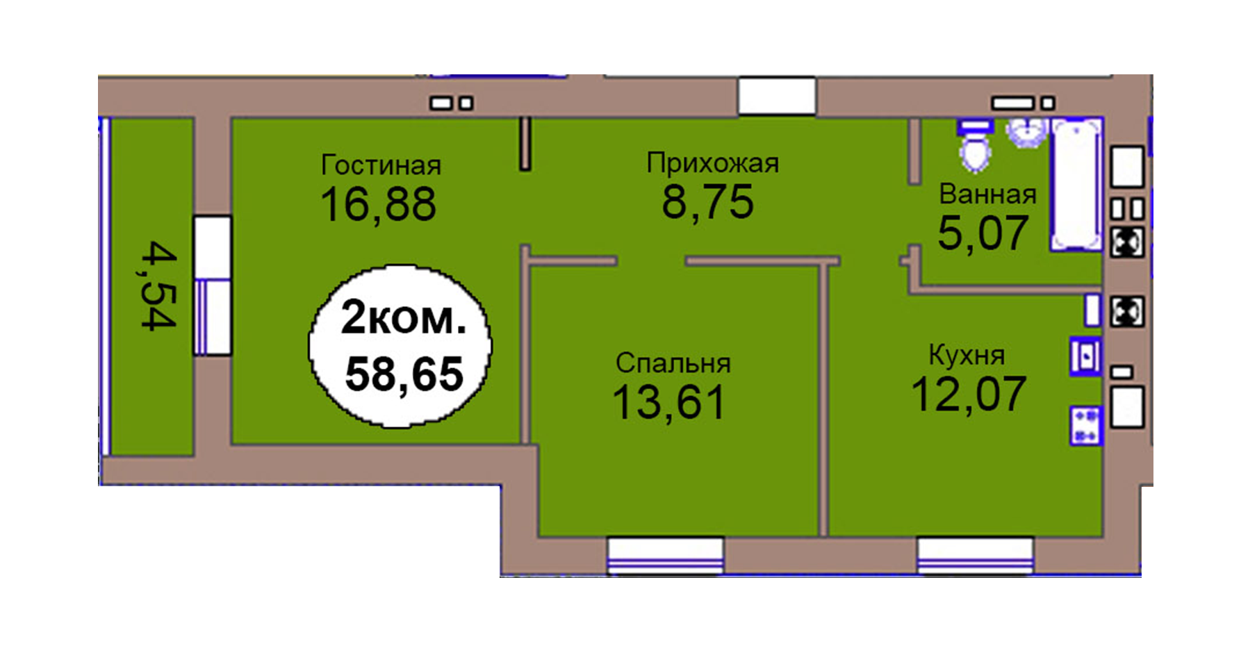 2-комн. кв. по пер. Калининградский, 4  кв. 122 в Калининграде