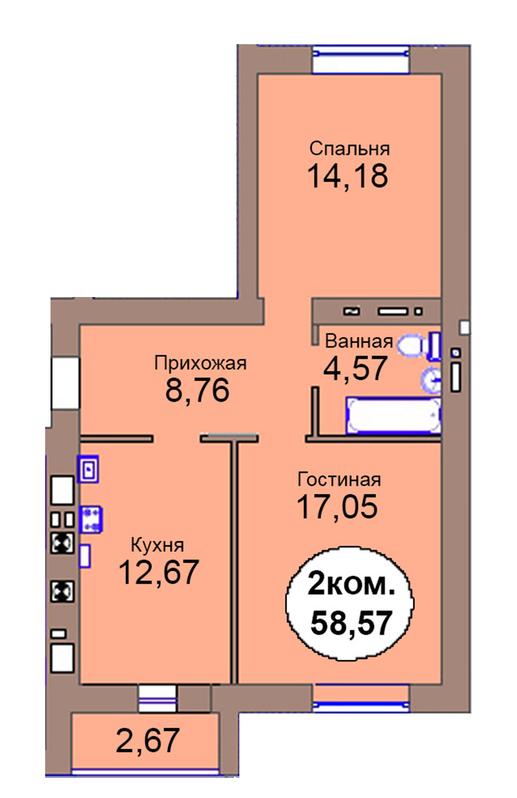 2-комн. кв. по пер. Калининградский, 4  кв. 85 в Калининграде