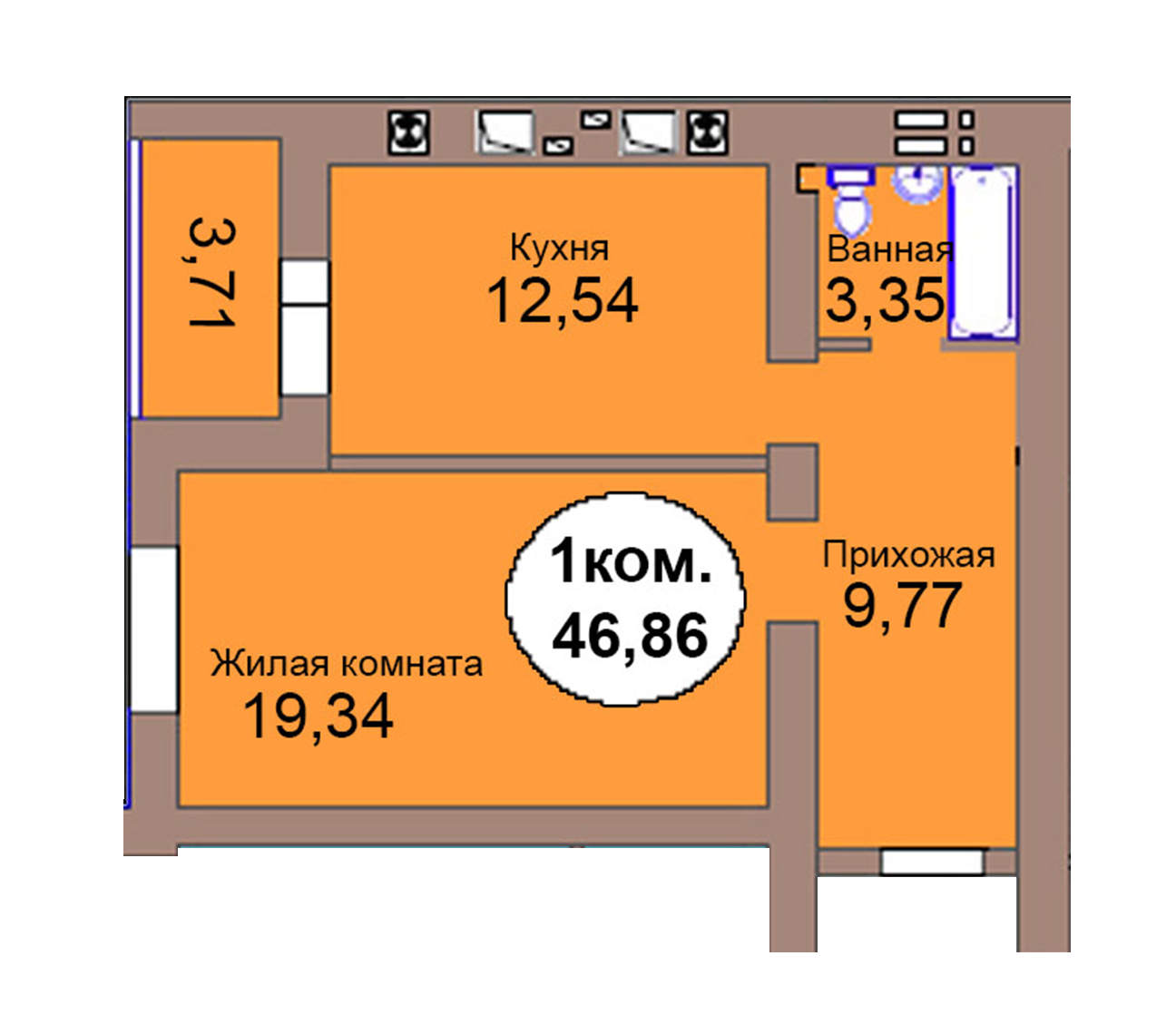 1-комн. кв. по пер. Калининградский, 4  кв. 95 в Калининграде