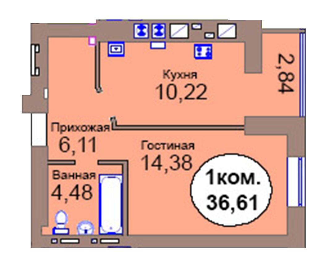 1-комн. кв. по пер. Калининградский, 4 кв. 412 в Калининграде