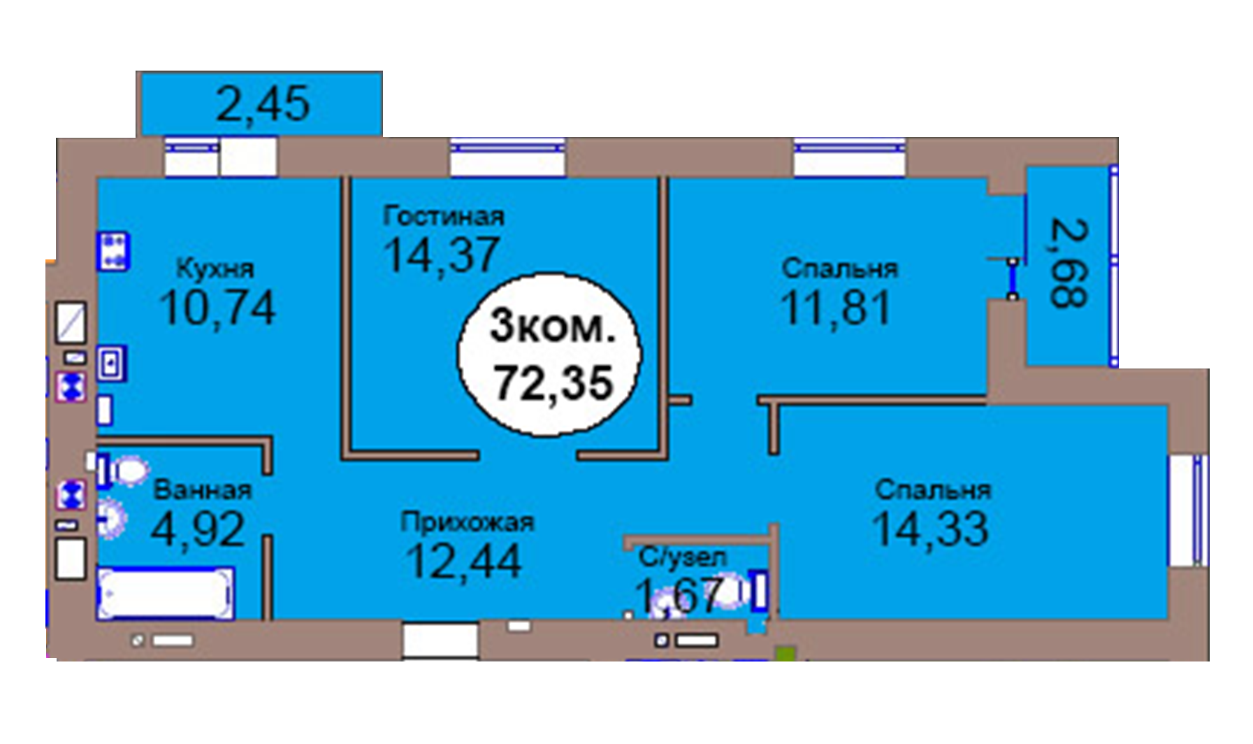 3-комн. кв. по пер. Калининградский, 4 кв. 464 в Калининграде