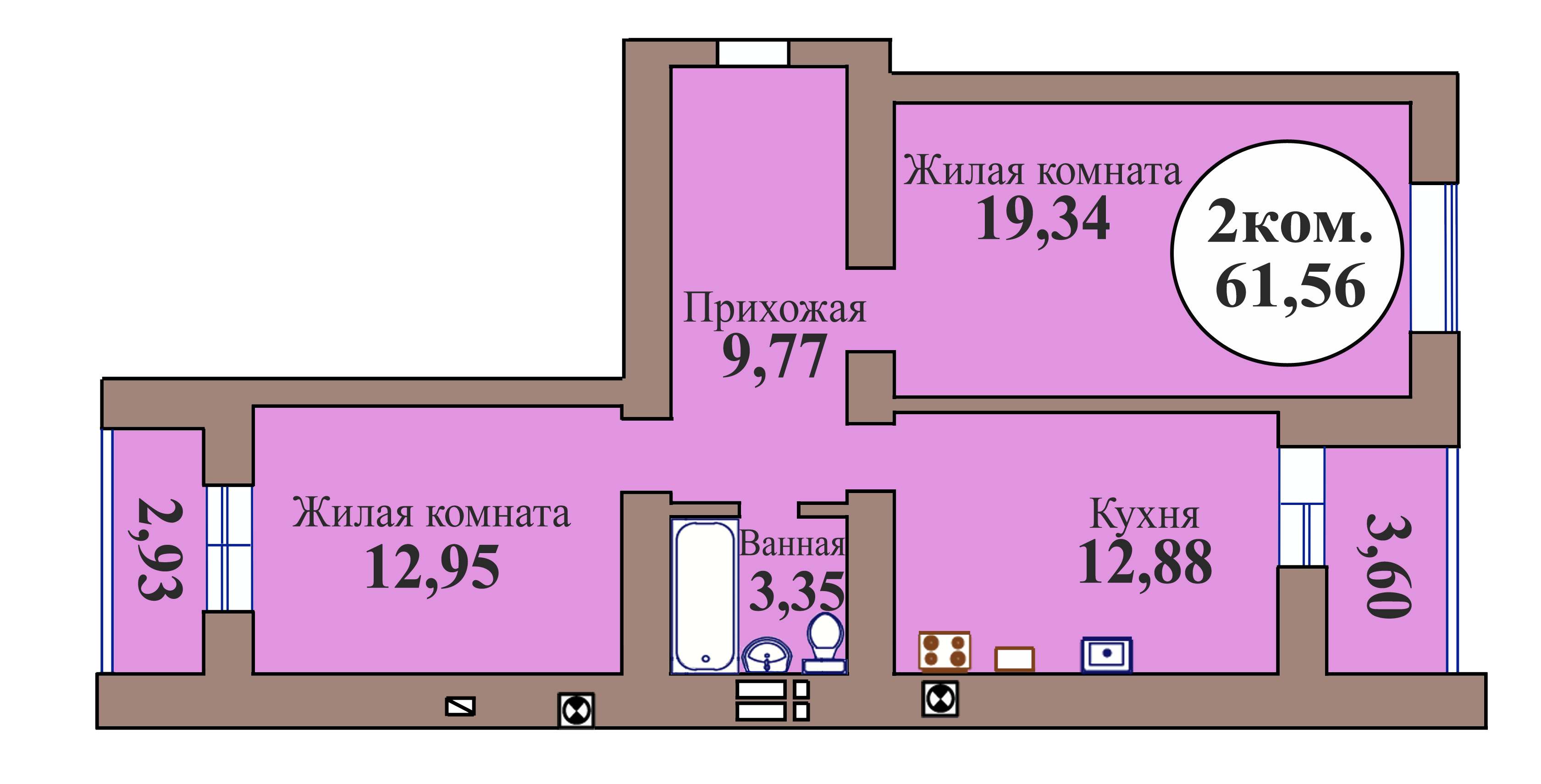 2-комн. кв. по пер. Калининградский, 5 кв. 101 в Калининграде