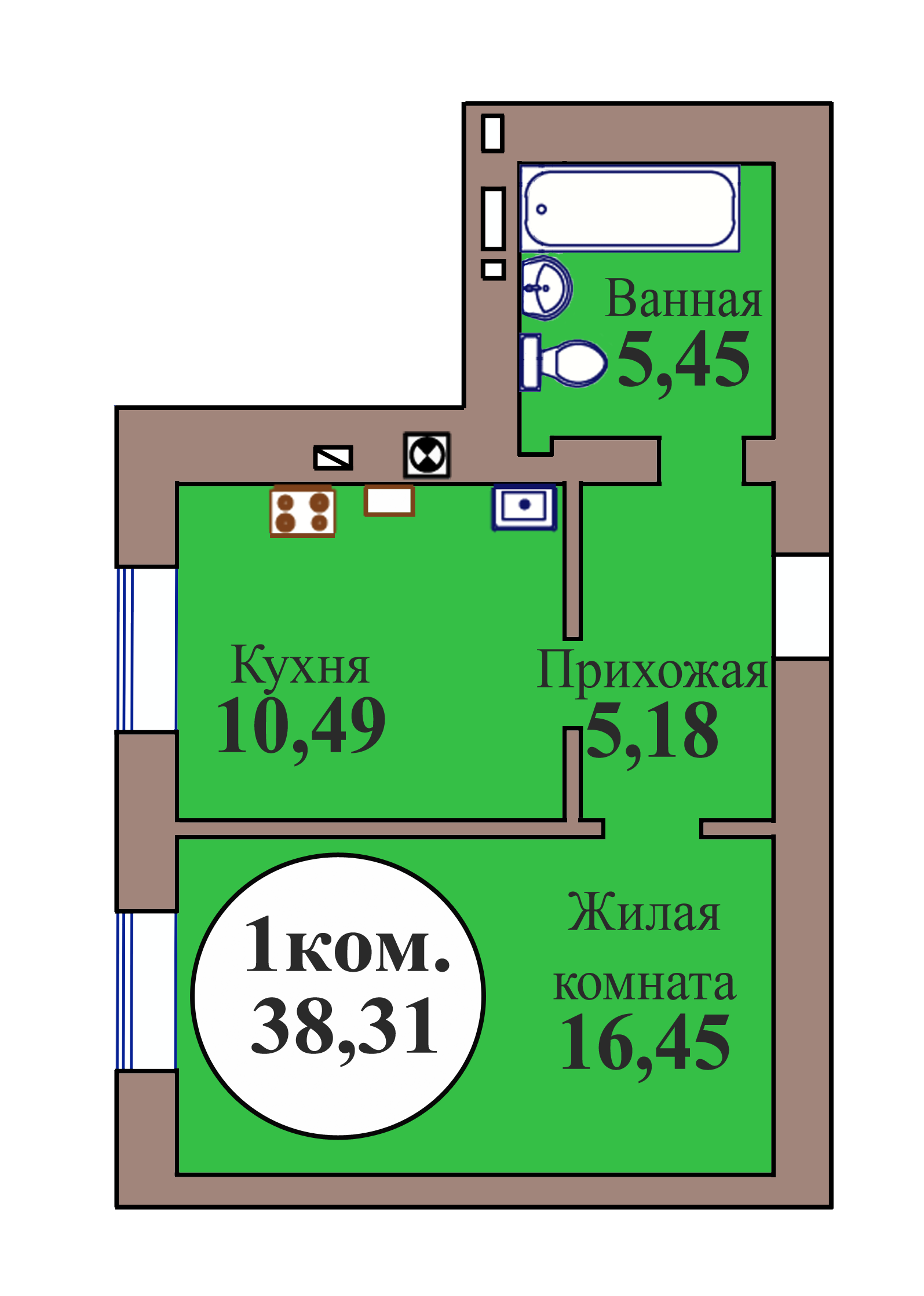 1-комн. кв. по пер. Калининградский, 5 кв. 102 в Калининграде