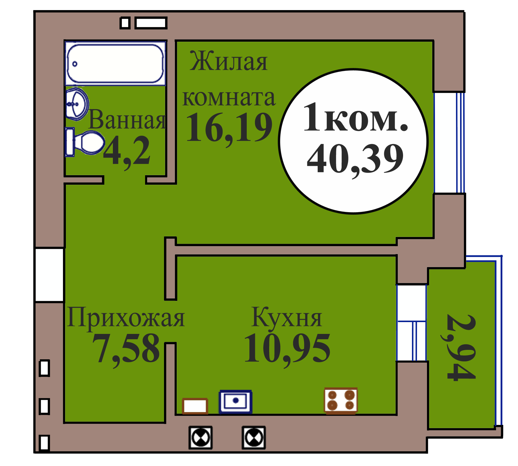 1-комн. кв. по пер. Калининградский, 5 кв. 105 в Калининграде