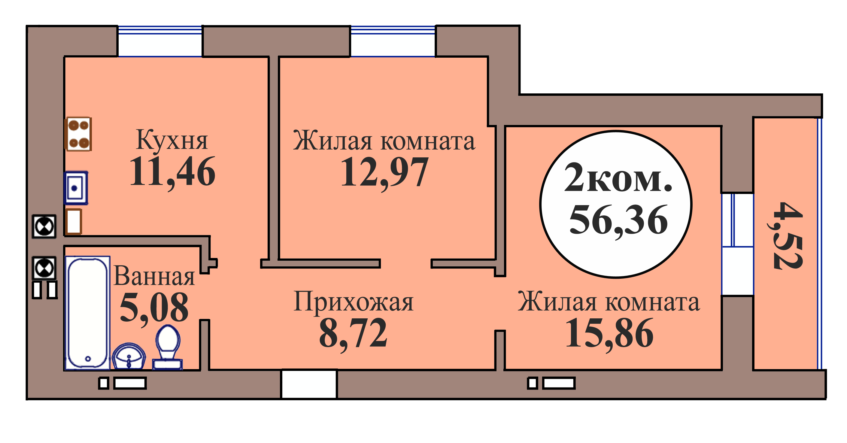 2-комн. кв. по пер. Калининградский, 5 кв. 110 в Калининграде