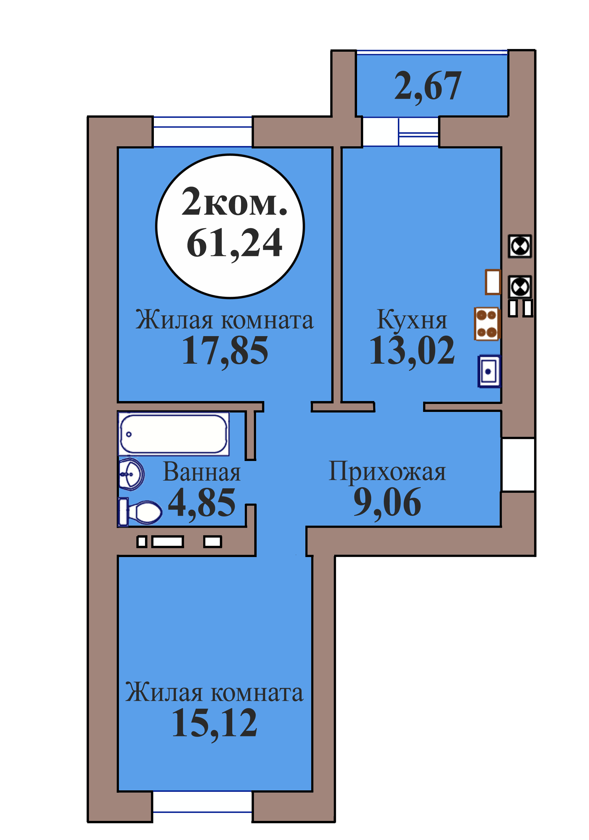 2-комн. кв. по пер. Калининградский, 5 кв. 139 в Калининграде