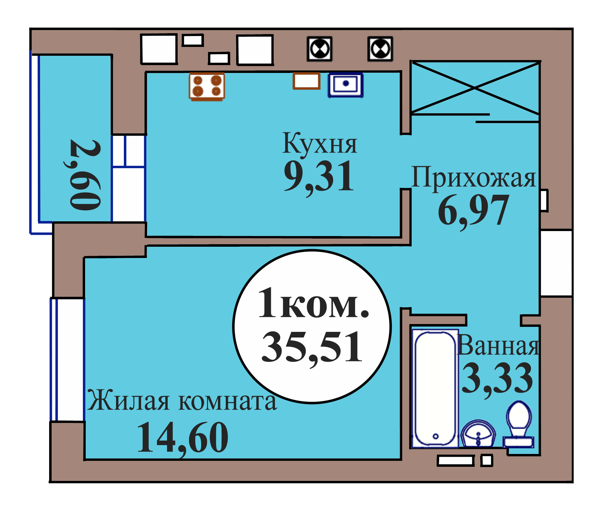 1-комн. кв. по пер. Калининградский, 5 кв. 14 в Калининграде