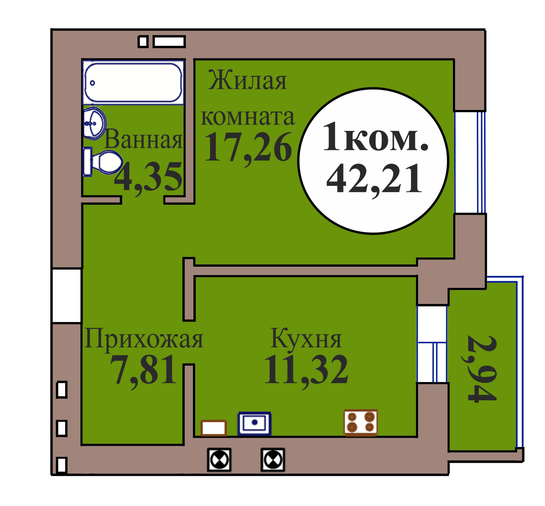 1-комн. кв. по пер. Калининградский, 5 кв. 141 в Калининграде