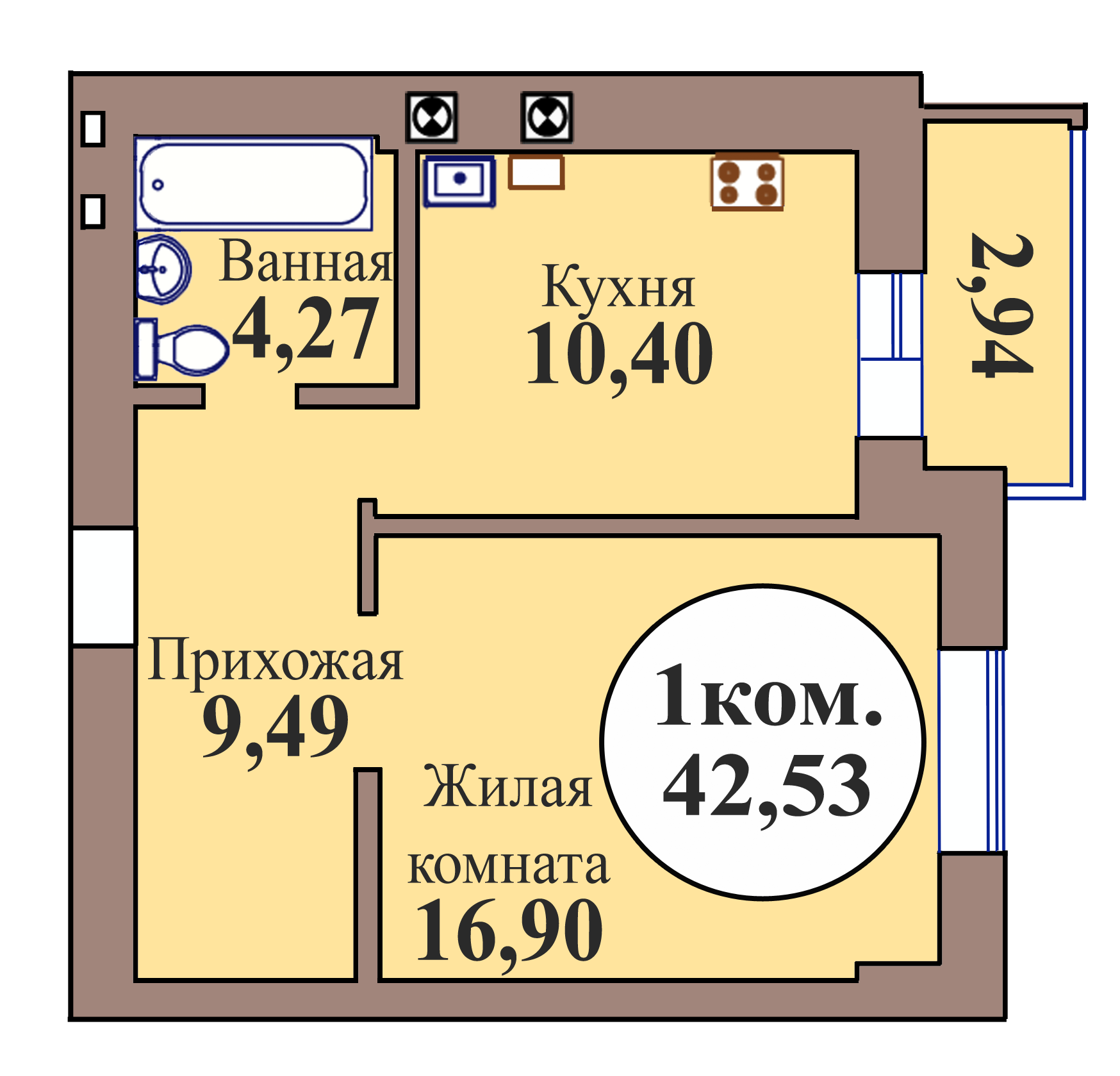 1-комн. кв. по пер. Калининградский, 5 кв. 142 в Калининграде