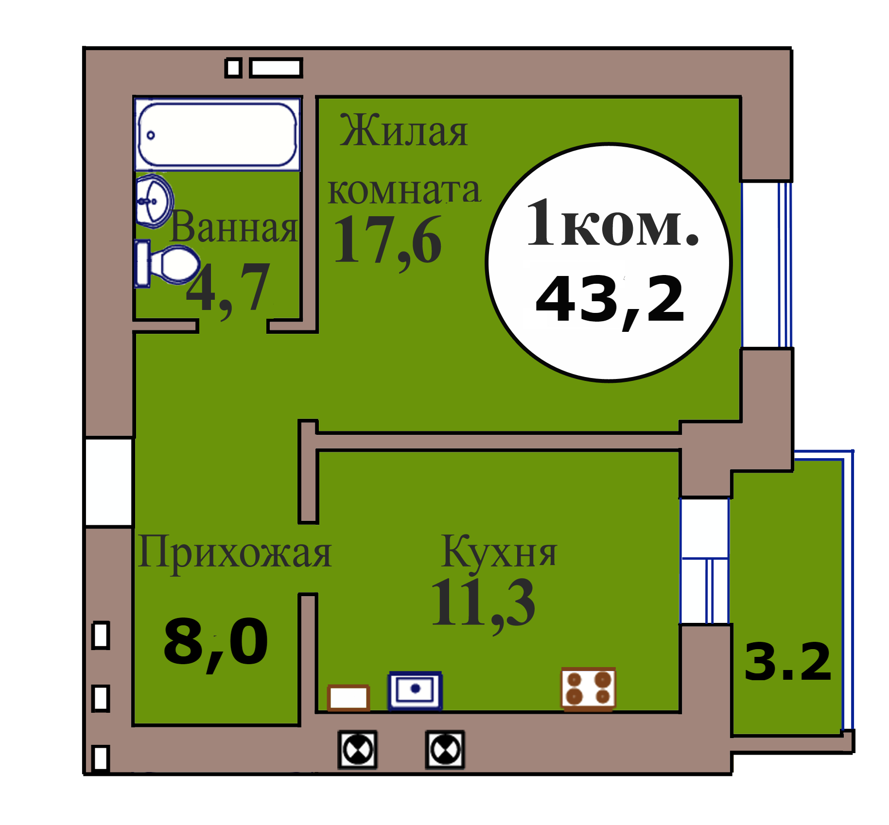 1-комн. кв. по пер. Калининградский, 5 кв. 147 в Калининграде