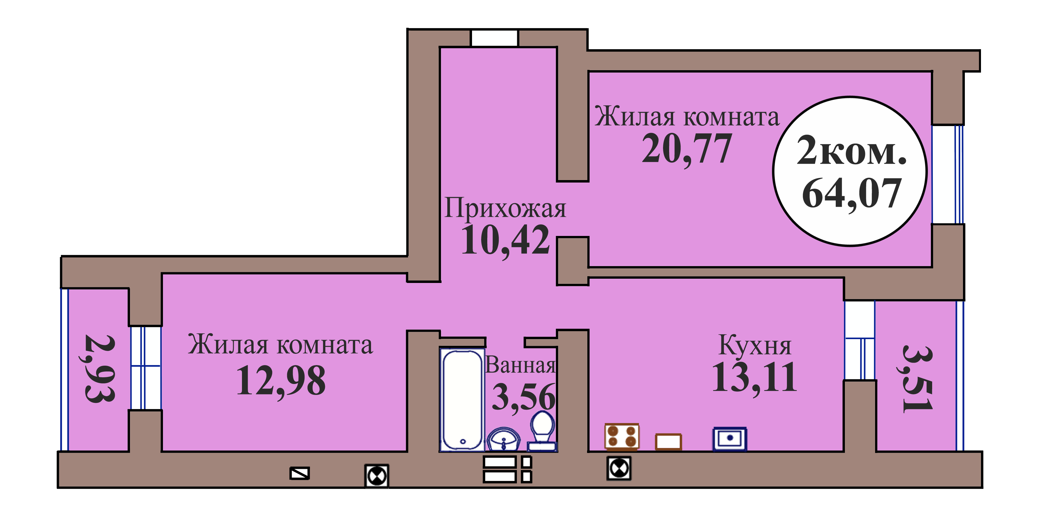 2-комн. кв. по пер. Калининградский, 5 кв. 149 в Калининграде