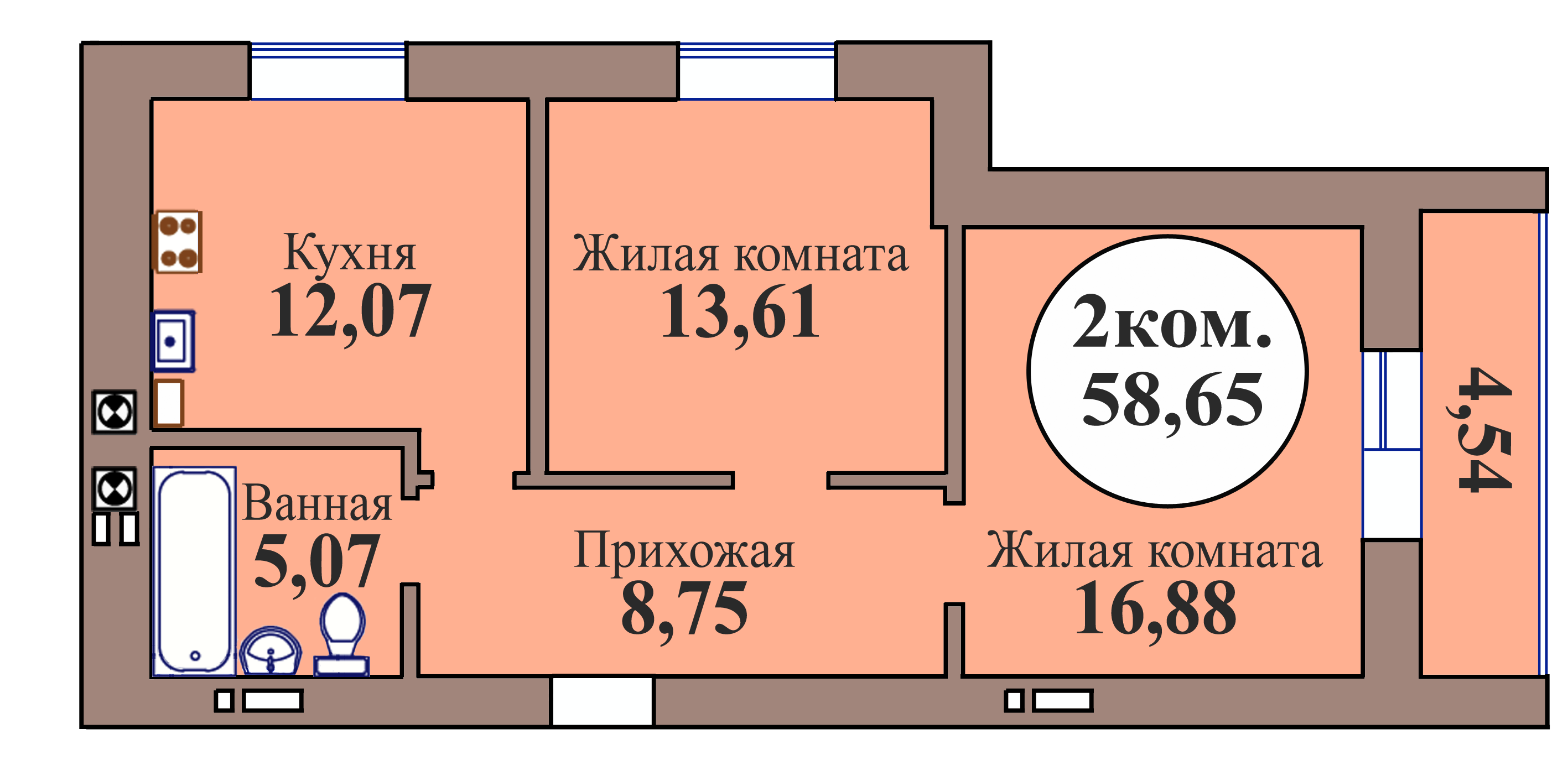 2-комн. кв. по пер. Калининградский, 5 кв. 158 в Калининграде