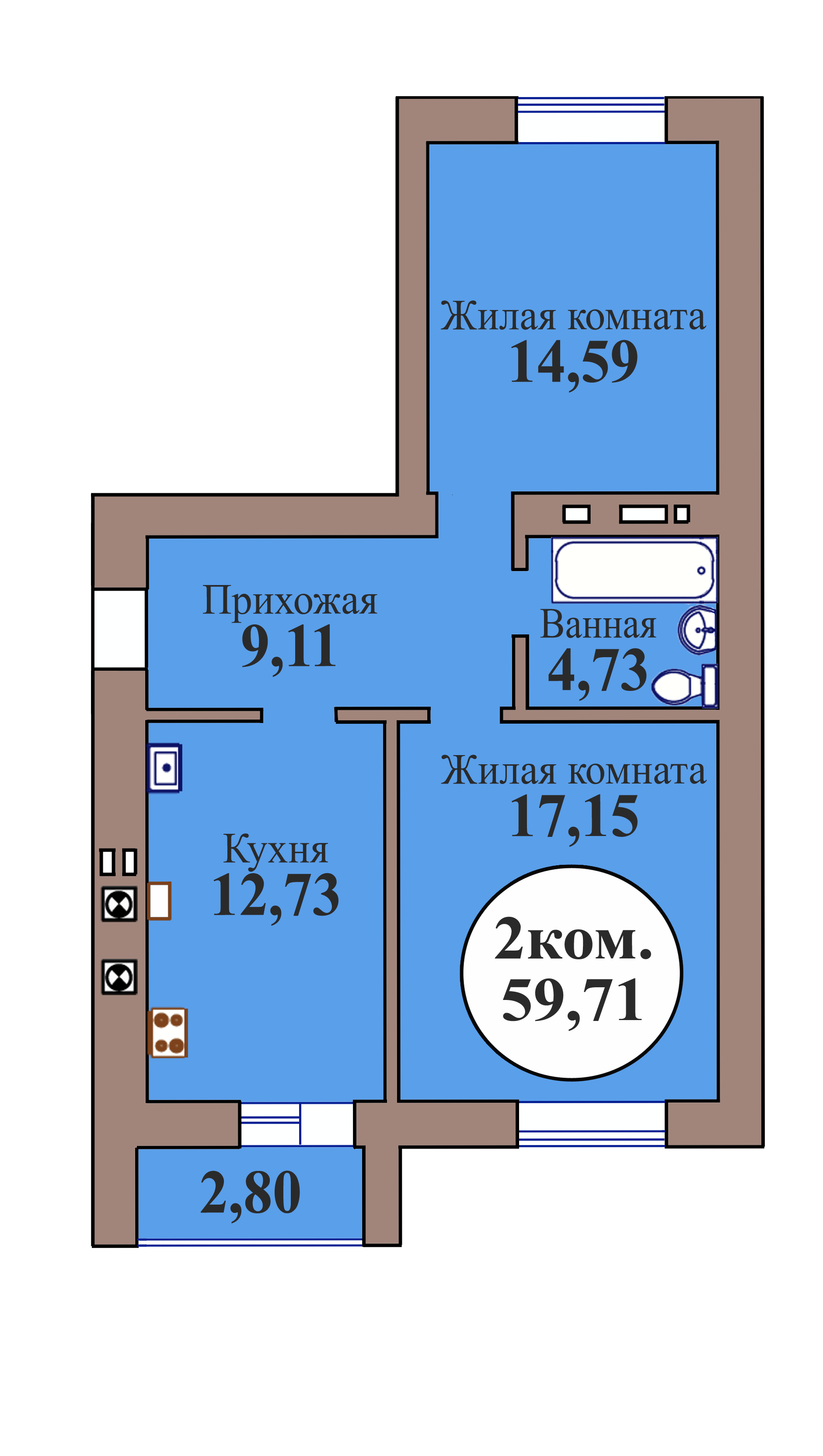 2-комн. кв. по пер. Калининградский, 5 кв. 169 в Калининграде