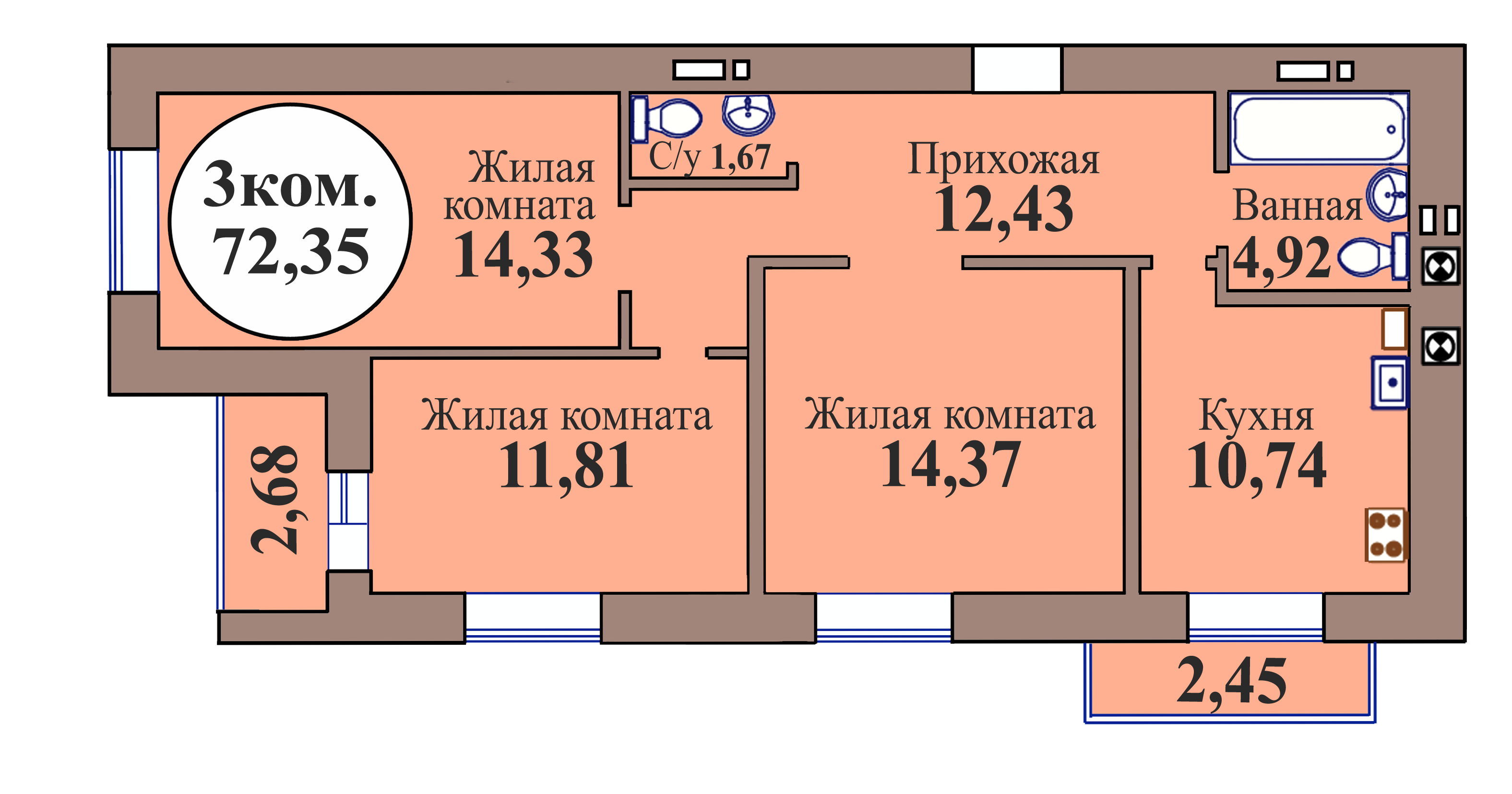 3-комн. кв. по пер. Калининградский, 5 кв. 170 в Калининграде