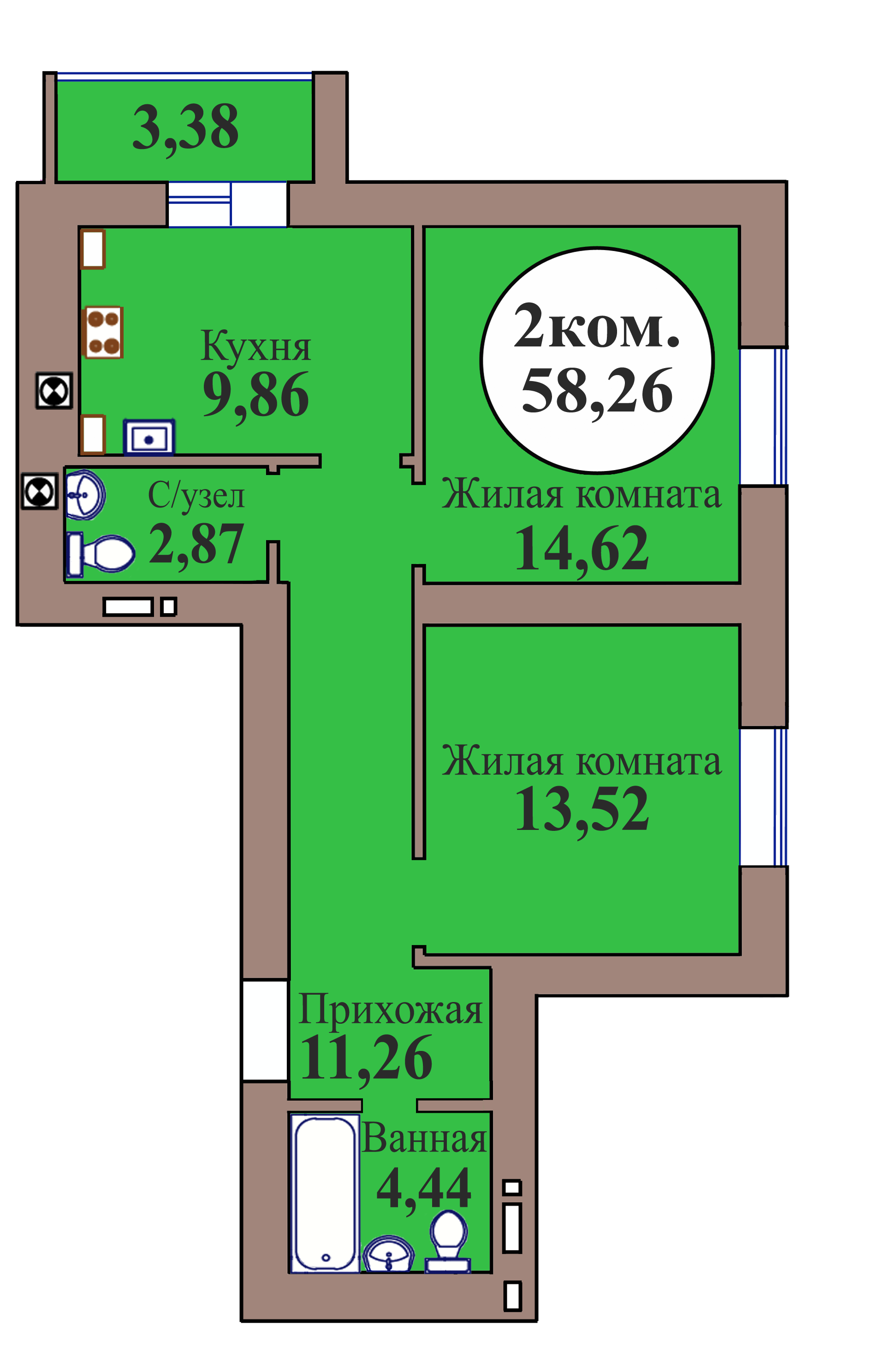 2-комн. кв. по пер. Калининградский, 5 кв. 204 в Калининграде