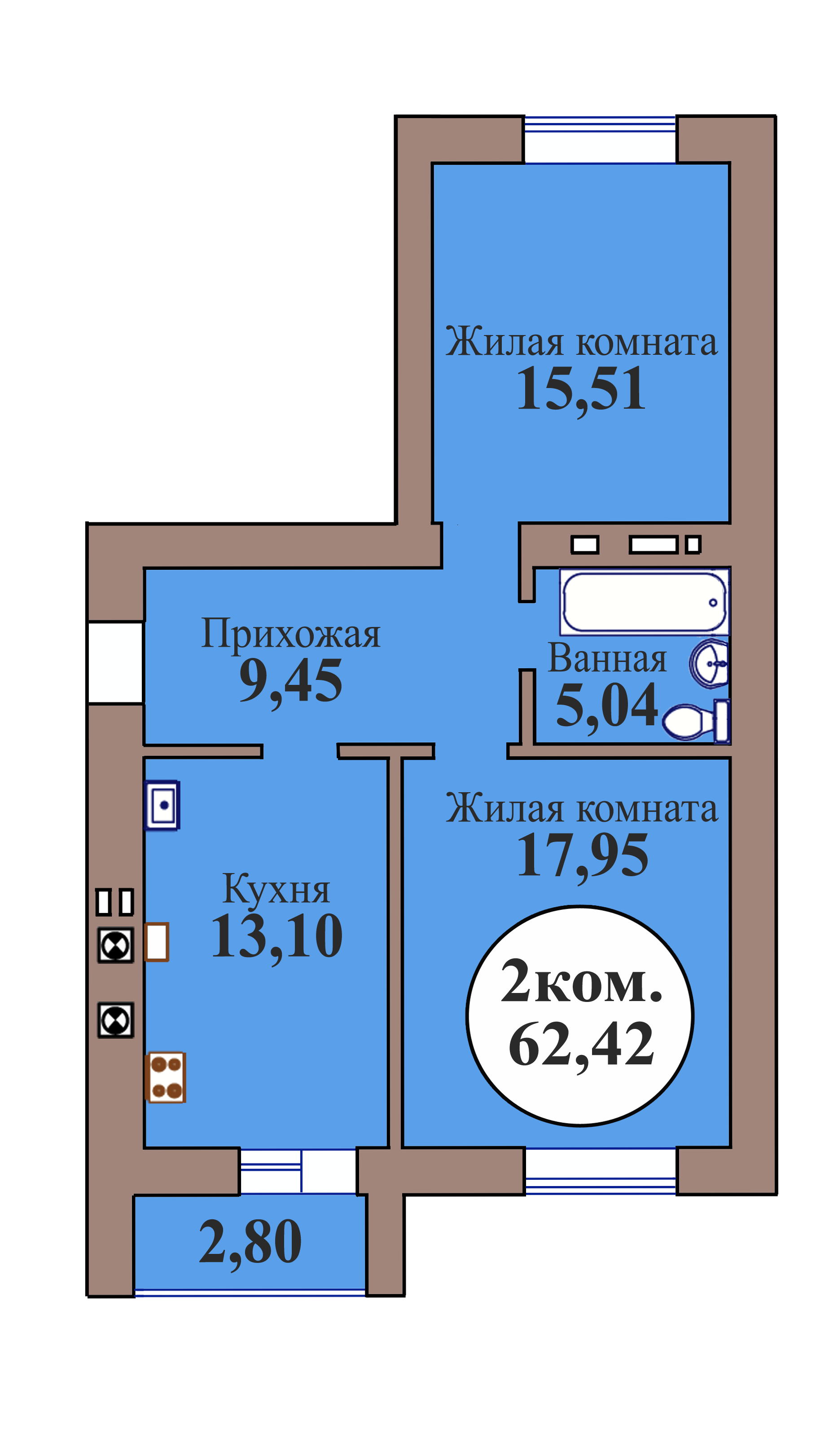 2-комн. кв. по пер. Калининградский, 5 кв. 211 в Калининграде