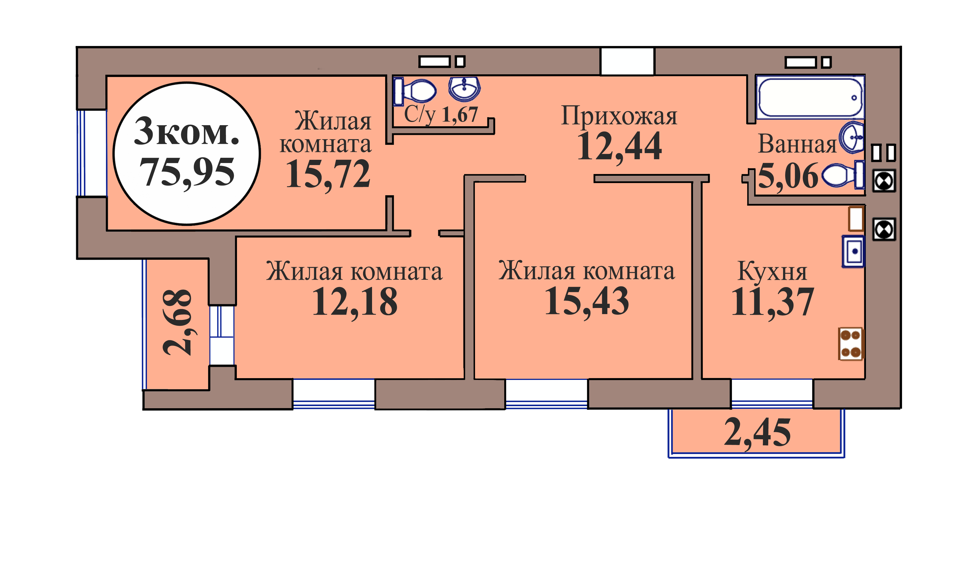 3-комн. кв. по пер. Калининградский, 5 кв. 212 в Калининграде