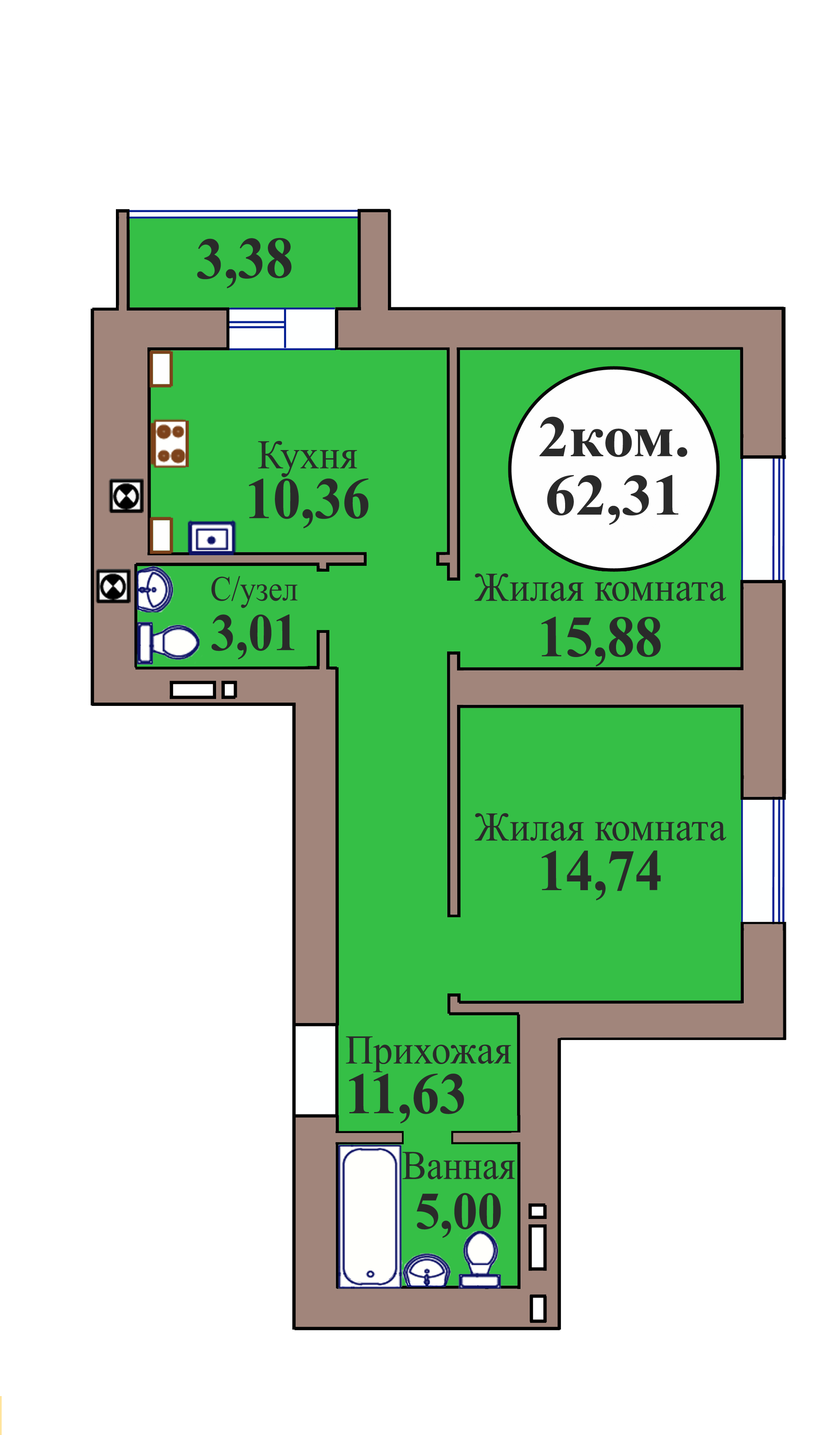 2-комн. кв. по пер. Калининградский, 5 кв. 216 в Калининграде