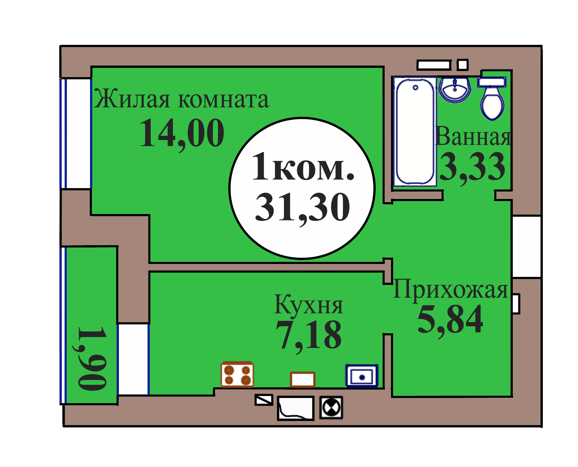 1-комн. кв. по пер. Калининградский, 5 кв. 3 в Калининграде