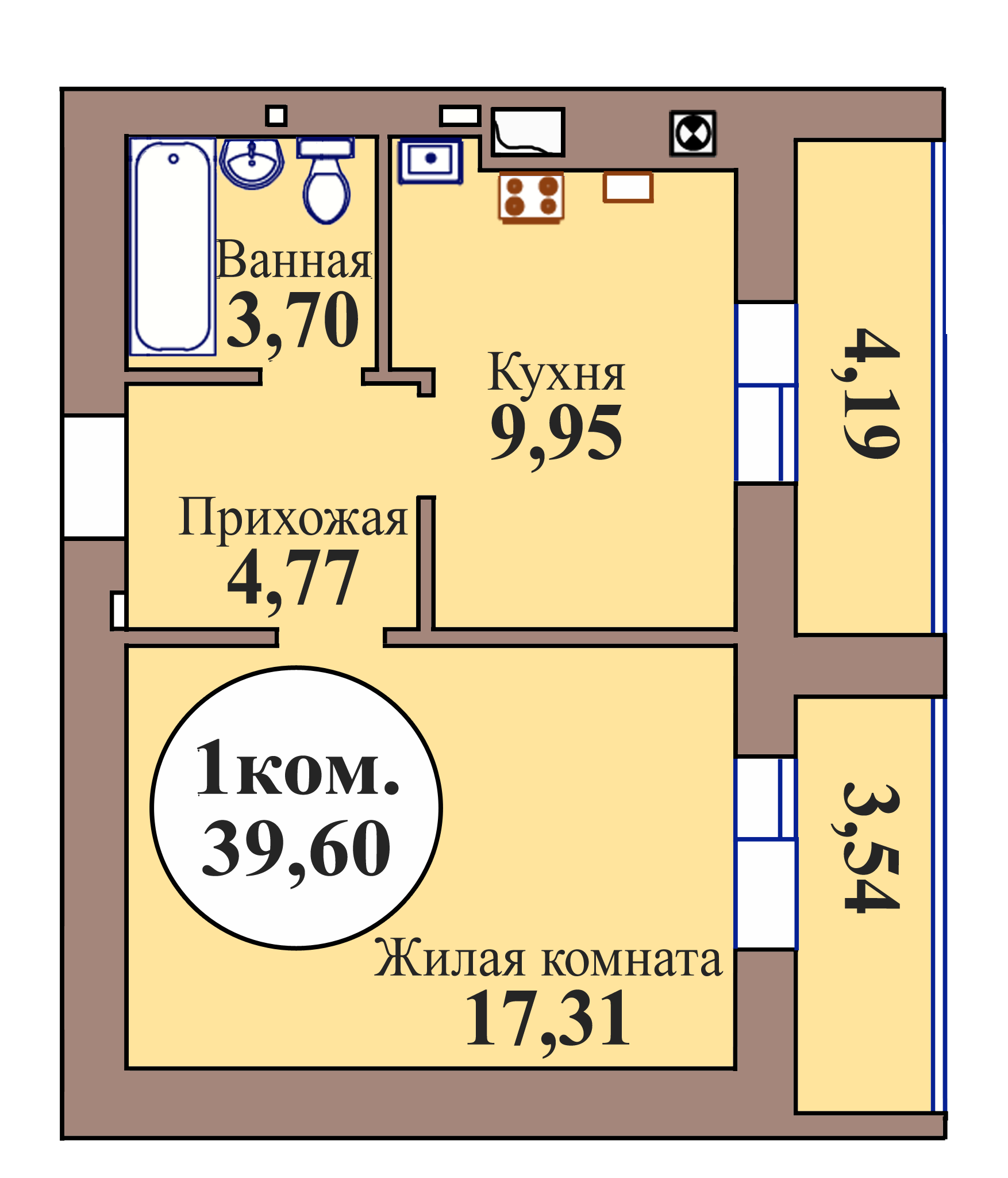 1-комн. кв. по пер. Калининградский, 5 кв. 57 в Калининграде