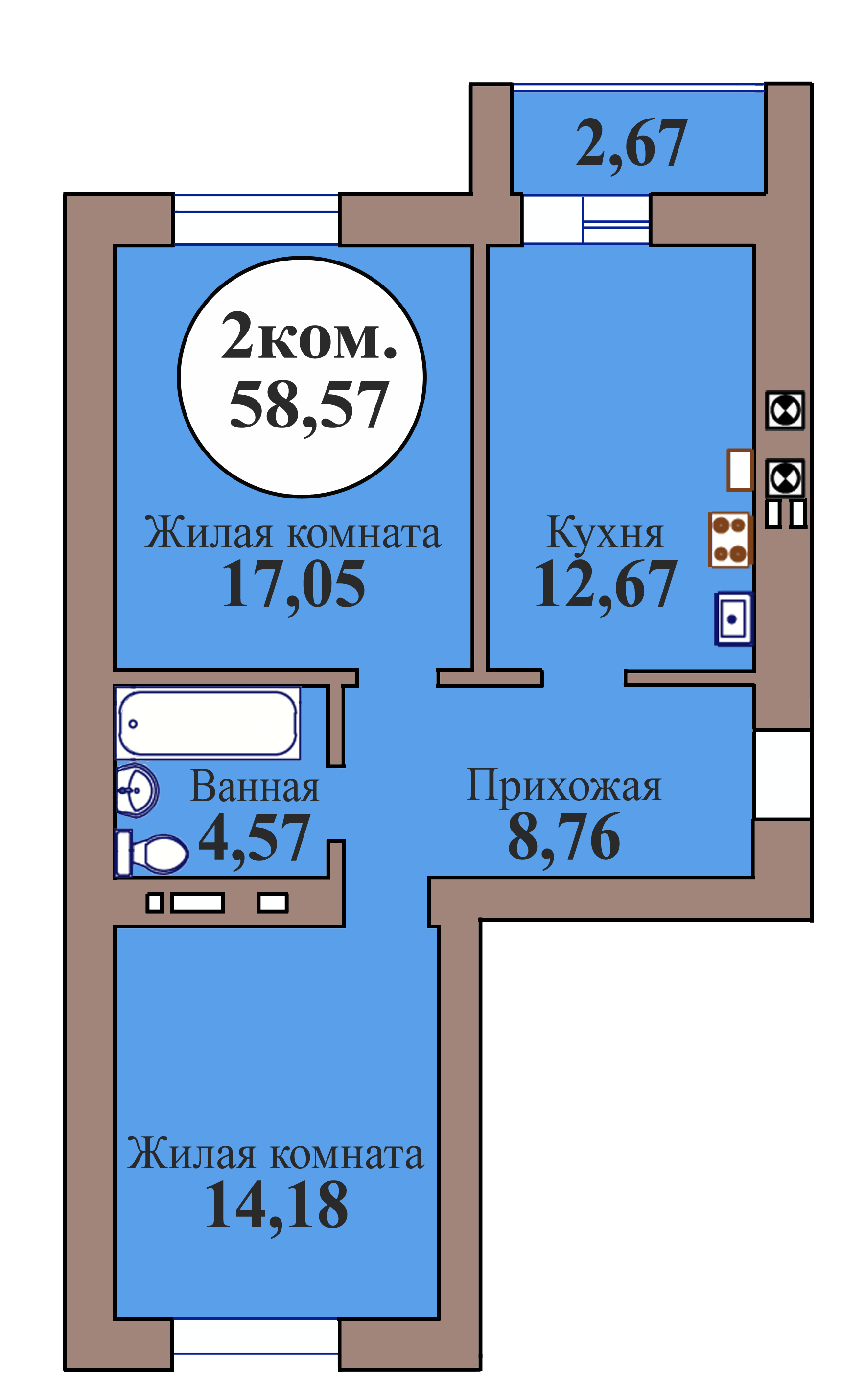 2-комн. кв. по пер. Калининградский, 5 кв. 97 в Калининграде